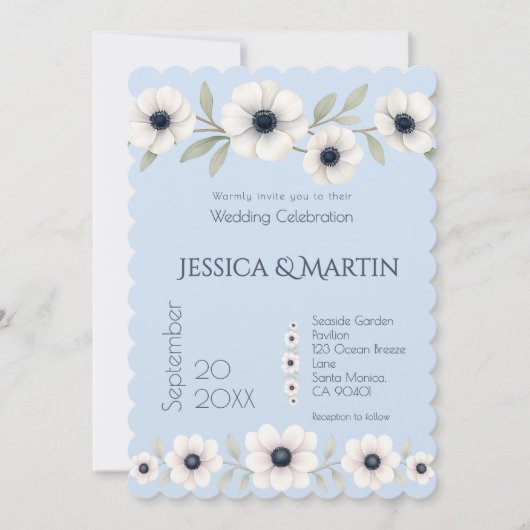 Invitation Dusty Navy Blue Ivory Anemone Mariage intemporel (Devant)