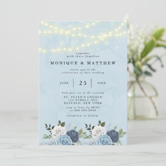 Invitation Dusty Navy Blue Peony Mariage (Debout devant)