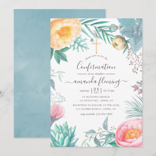 Invitation Dusty Pastel Tropical Floral Été Confirmation (Devant / Derrière)