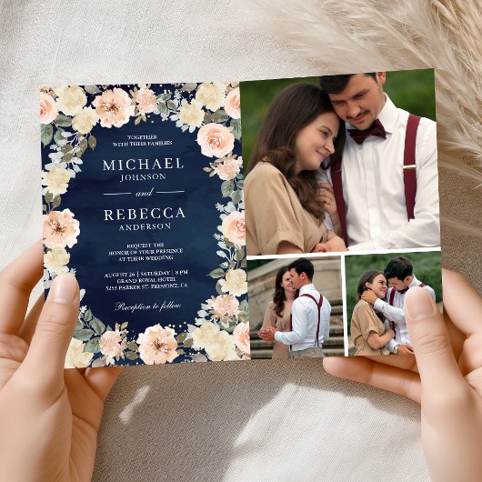 Invitation Dusty Peach Floral Navy Blue QR Code Wedding