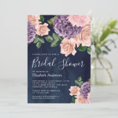 Invitation Dusty Peach Purple Floral Navy Fête des mariées bl (Debout devant)
