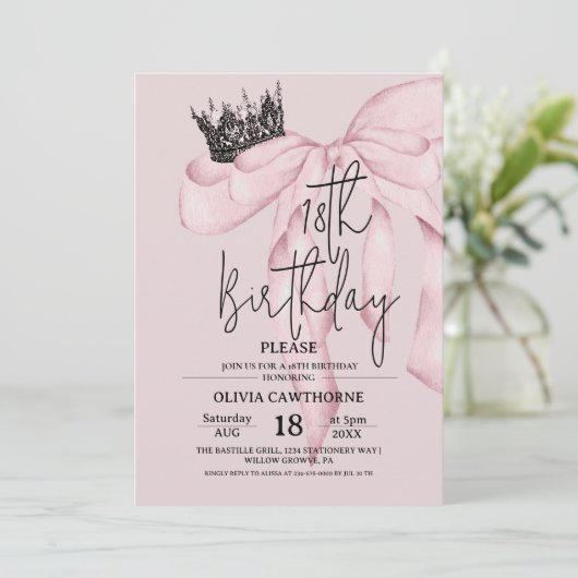 Invitation Dusty Pink 18th Birthday ⎮Pink Royal Bow Party (Debout devant)