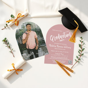 Invitation Dusty Pink Arch Photo Graduation Party QR Code