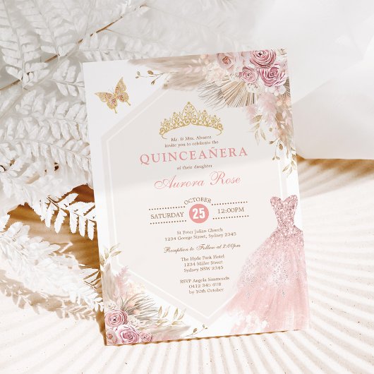 Invitation Dusty Pink Boho Floral Quinceañera 15e anniversair