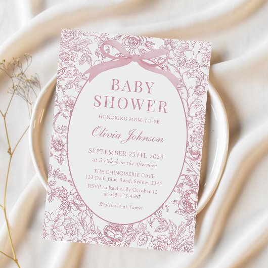 Invitation Dusty Pink Bow Chinoiserie Baby shower Floral