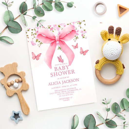 Invitation Dusty Pink Bow Floral Coquette Papillons Bébé