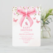 Invitation Dusty Pink Bow Floral Coquette Papillons Bébé (Debout devant)