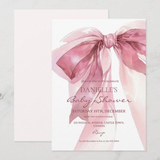 Invitation Dusty Pink Bow Girl Baby Shower  (Devant / Derrière)