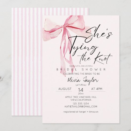 Invitation Dusty Pink Bow She's Tying the Knot Fête des marié (Devant / Derrière)