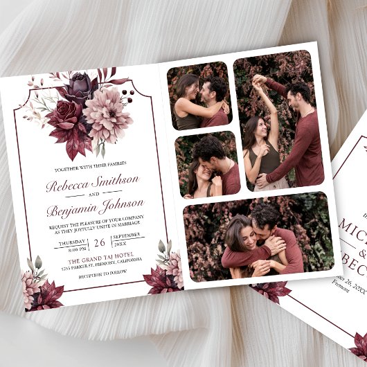 Invitation Dusty Pink Burgundy Floral Frame QR Code Wedding