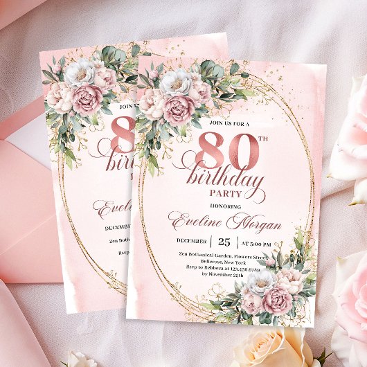 Invitation Dusty Pink Eucalyptus 80th Birthday Invite Card