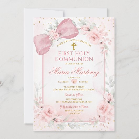 Invitation Dusty Pink Flowers Bow Girl First Holy Communion (Devant)