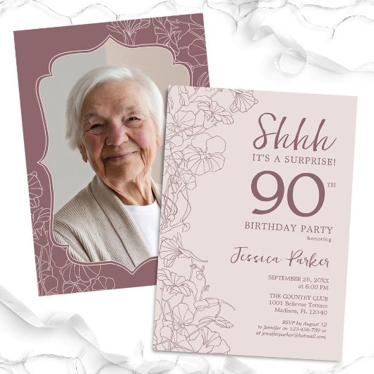 Invitation Dusty Pink Mauve Photo Surprise 90e anniversaire