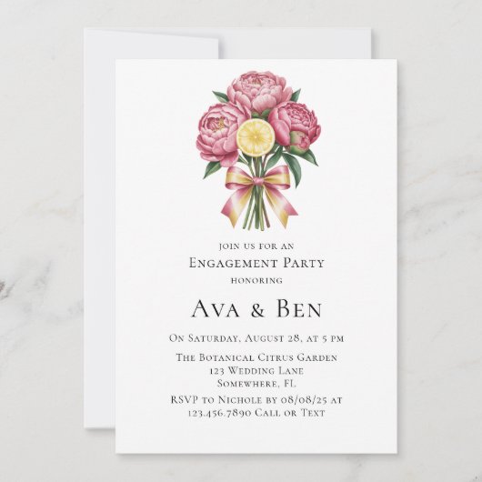 Invitation Dusty Pink Peonies et Lemon Engagement Party (Devant)
