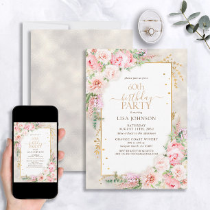 Invitation Dusty Pink Peony Floral Gold Shimmer 60e anniversa