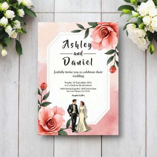 Invitation Dusty Pink Romantic Bride And Groom Floral Wedding
