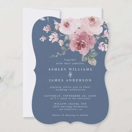 Invitation Dusty Pink Rose Moonlight Blue Wedding (Devant)