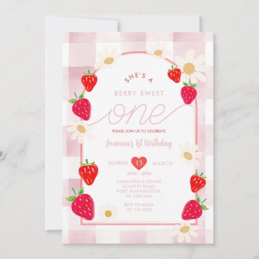 Invitation Dusty Pink Strawberry Sweet One Berry Birthday  (Devant)