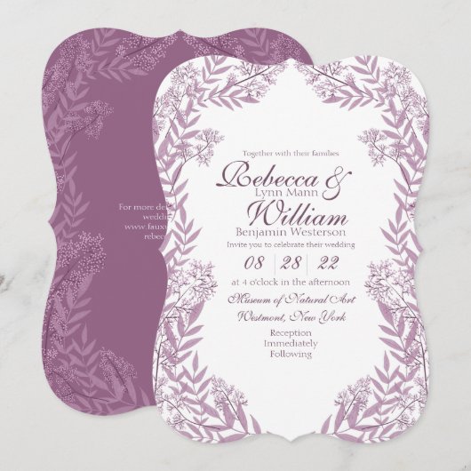 Invitation Dusty Plum violet Mariage Vintage Botanique (Devant / Derrière)