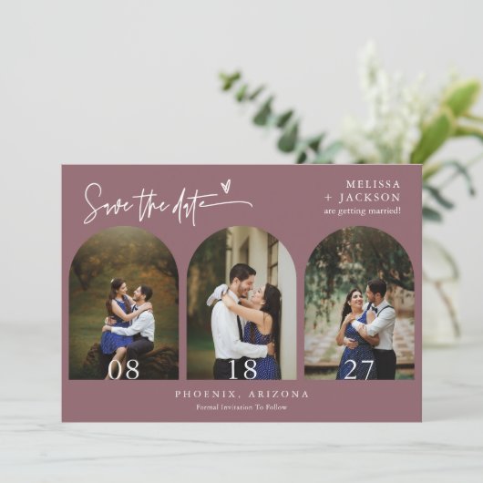 Invitation Dusty Purple Boho Arch Photo QR Code Enregistrer l (Debout devant)