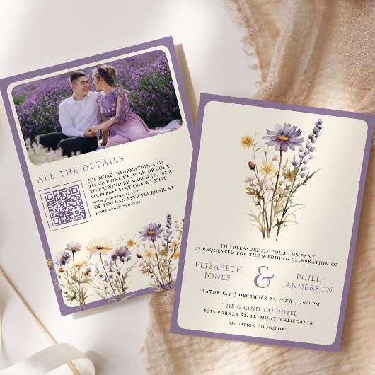 Invitation Dusty Purple Boho Fleur sauvage Photo QR Code Mari