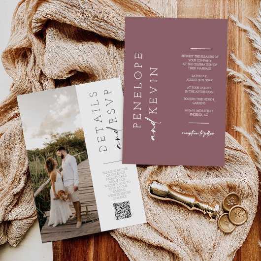 Invitation Dusty Purple Boho Mariage moderne Photo QR Code