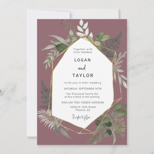 Invitation Dusty Purple Botanical Greenery Gold Frame QR Code (Devant)