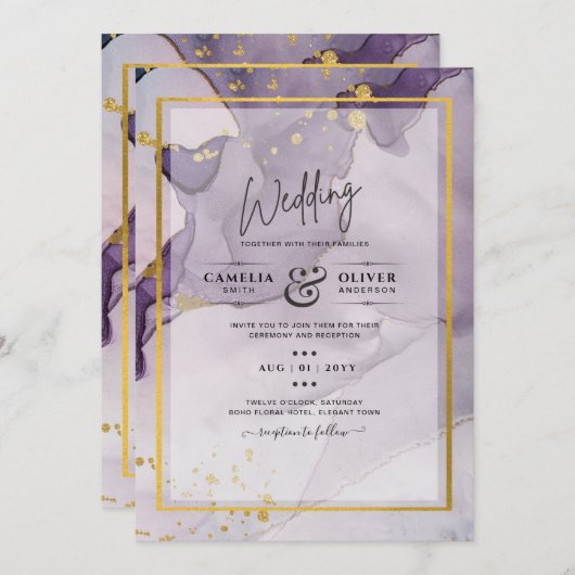 Invitation Dusty Purple Gold Alcohol Encre Mariage Abstrait (Devant / Derrière)
