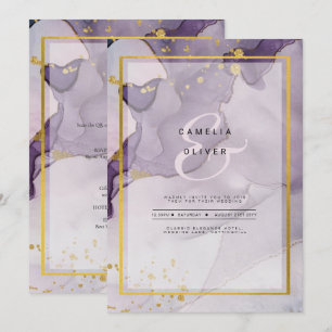 Invitation Dusty Purple Gold Alcohol Encre Mariage Abstrait