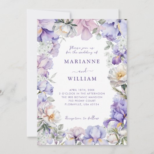 Invitation Dusty Purple Iris & White Peony Mariage botanique (Devant)