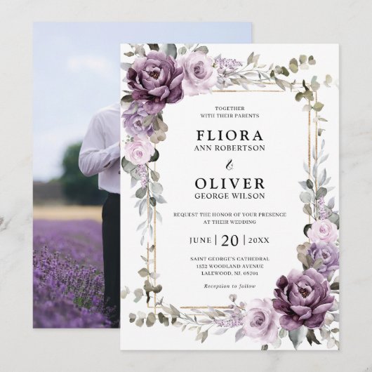 Invitation Dusty Purple Lavender Gold Mariage géométrique Inv (Devant / Derrière)