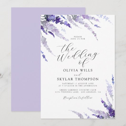 Invitation Dusty Purple Lavender Mauve Lilac Mariage floral (Devant / Derrière)