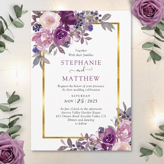 Invitation Dusty Purple Mauve Botanique Mariage frontière or