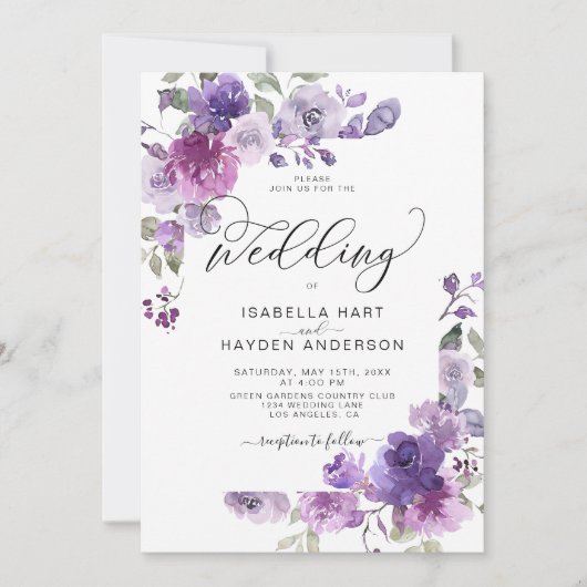 Invitation Dusty Purple Mauve Lilac Floral Romantique Mariage (Devant)