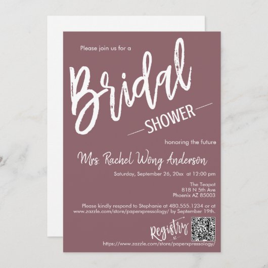 Invitation Dusty Purple Minimal Script Fête des mariées QR Co (Devant / Derrière)