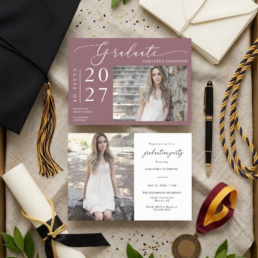 Invitation Dusty Purple Minimal Script School Graduate Photo