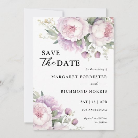 Invitation Dusty Purple Peony Mariage Élégant Enregistrer La (Devant)