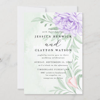 Invitation Dusty Purple Peony Rose vert Feuille Mariage