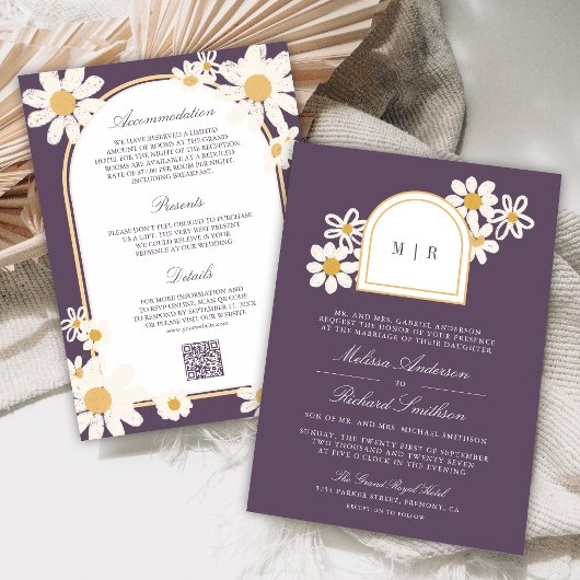 Invitation Dusty Purple Retro Yellow Daisy All in One Wedding