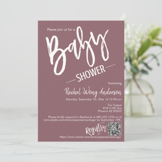 Invitation Dusty Purple Script Baby shower QR Code Photo (Debout devant)
