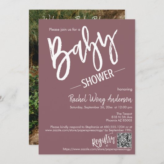 Invitation Dusty Purple Script Baby shower QR Code Photo (Devant / Derrière)