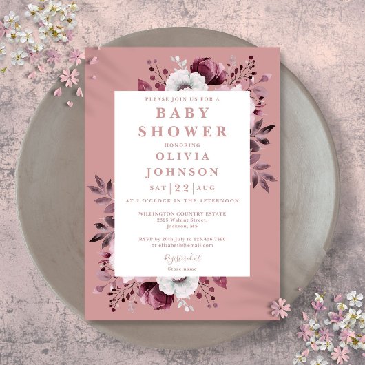 Invitation Dusty Rose Aquarelle Pays Baby shower Floral