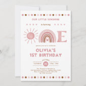 Invitation Dusty rose arc-en-ciel et soleil fille 1er anniver (Devant)