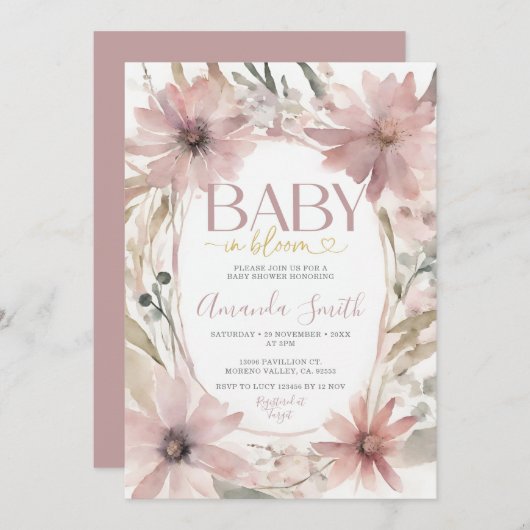 Invitation Dusty rose bébé en fleurs Fleurs Fille Baby shower (Devant / Derrière)