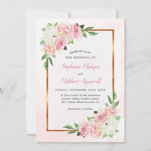 Invitation Dusty Rose Blanc Floral Aquarelle or Mariage (Devant)