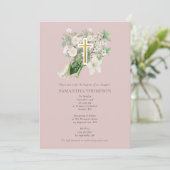 Invitation Dusty Rose Blanc Floral Croix Religieux Baptême (Debout devant)