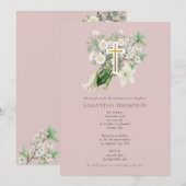 Invitation Dusty Rose Blanc Floral Croix Religieux Baptême (Devant / Derrière)