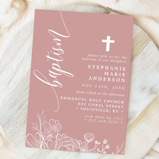 Invitation Dusty Rose Blanc Floral Élégant Script Baptême