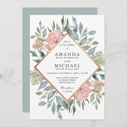 Invitation Dusty rose bleu vert rustique Mariage floral sauva (Devant / Derrière)