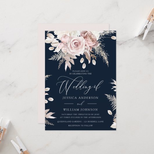 Invitation Dusty Rose Blush Boho rose Floral Marine Mariage (Devant/Arrière en situation)